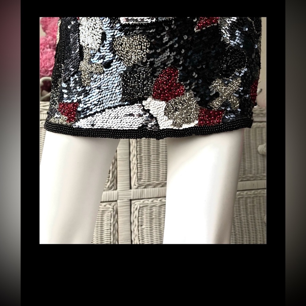 Vintage Oleg Cassini Sequin Silk Mini Dress BodyCon Low Cut Black & White Size 4 - Picture 9 of 12